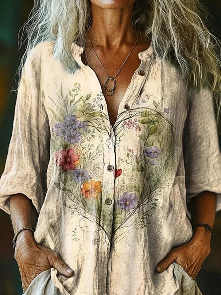 Women's Vintage Ethnic Floral Art Print Linen And Cotton V-neck Casual Shirt Women's Vintage Ethnic Floral Art Print Linen And Cotton V-neck Casual Shirt