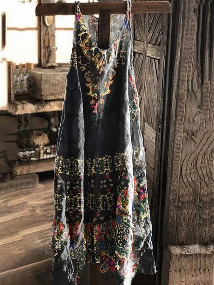 Women's Boho Art Print Pocket Cotton Dress