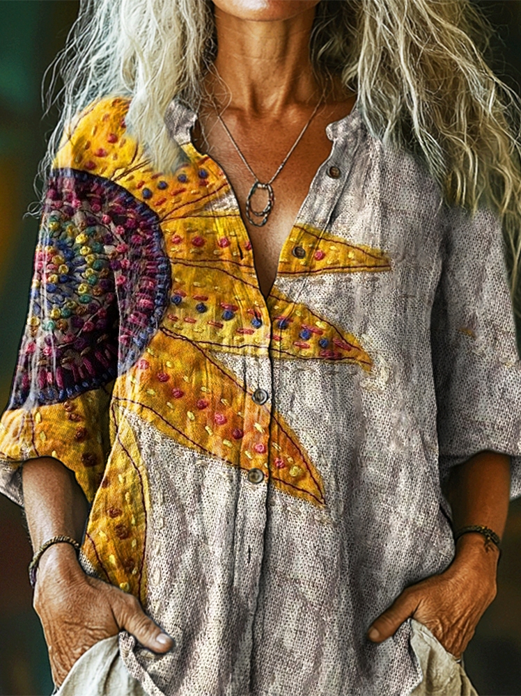Women's Vintage Ethnic Sunflower Art Print Casual Cotton and Linen Shirt