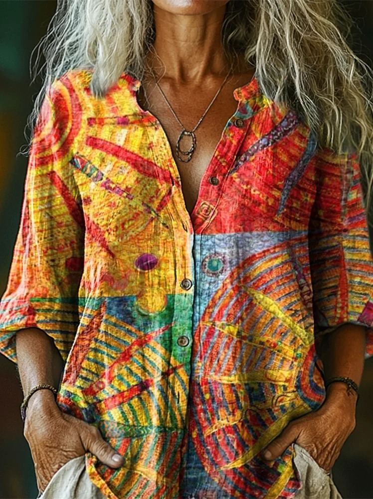 Women's Vintage Ethnic Floral Art Print Linen And Cotton V-neck Casual Shirt Women's Vintage Ethnic Floral Art Print Linen And Cotton V-neck Casual Shirt