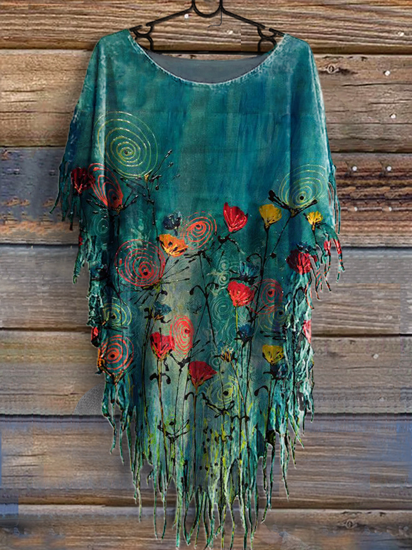 Women's Floral Pattern Art Print Batwing Tassel Fringe Cape Dresses