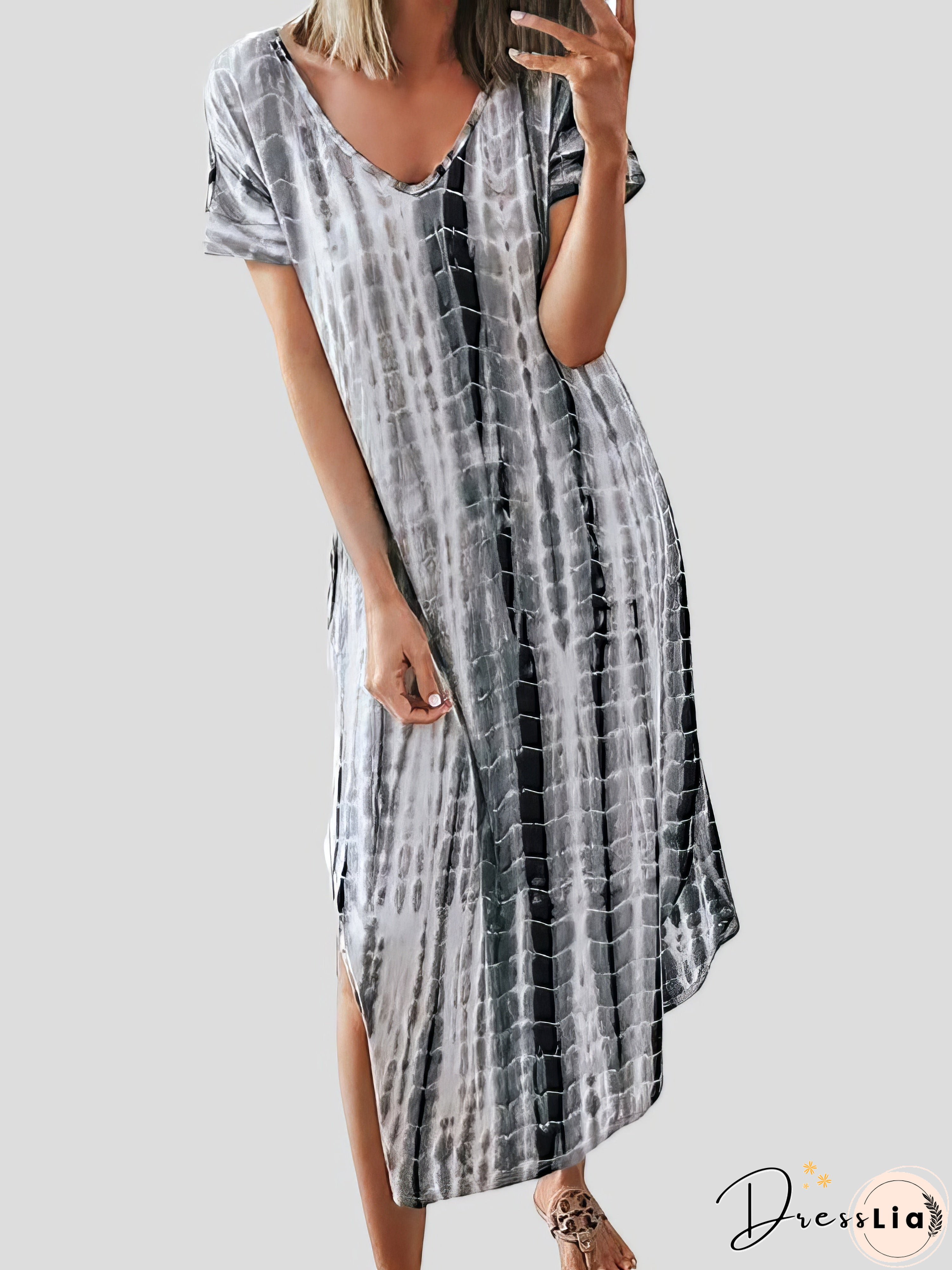 Loose Tie-Dye Printed V-Neck Split Dress Loose Tie-Dye Printed V-Neck Split Dress