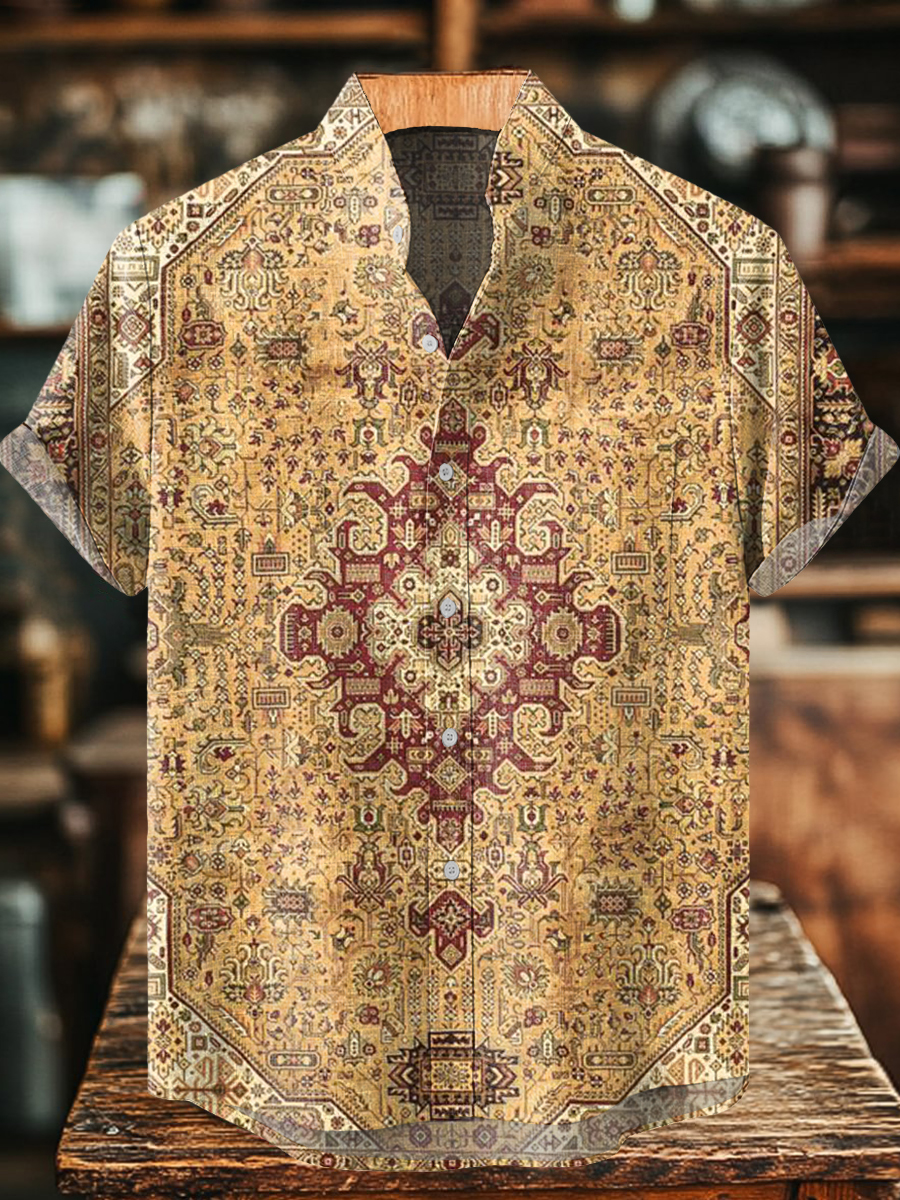 Men's Retro National Totem Print Casual Short Sleeve 100% Cotton Shirt Men's Retro National Totem Print Casual Short Sleeve 100% Cotton Shirt