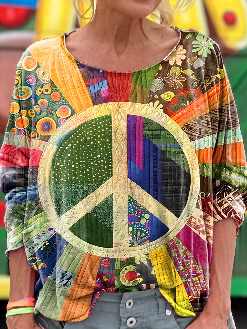 Women's Retro Peace Pattern Print Pocket Cotton Dress Women's Retro Peace Pattern Print Pocket Cotton Dress