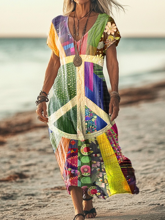 Women's Retro Peace Pattern Print Pocket Cotton Dress