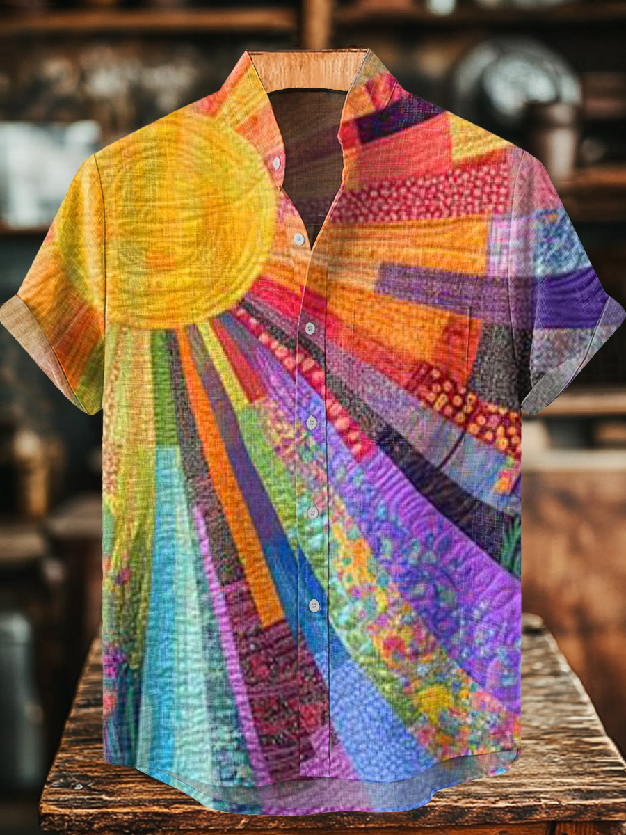 Colorful Sun Collage Art Print Casual 100% Cotton Shirt