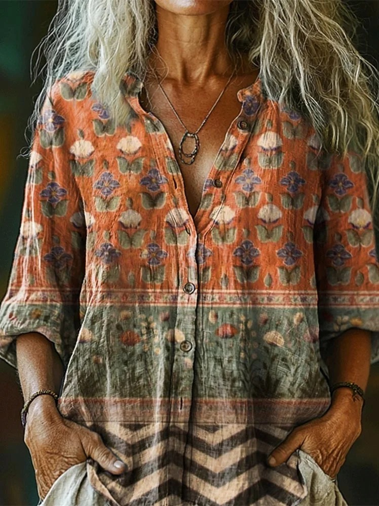 Women's Vintage Ethnic Floral Art Print Linen And Cotton V-neck Casual Shirt Women's Vintage Ethnic Floral Art Print Linen And Cotton V-neck Casual Shirt