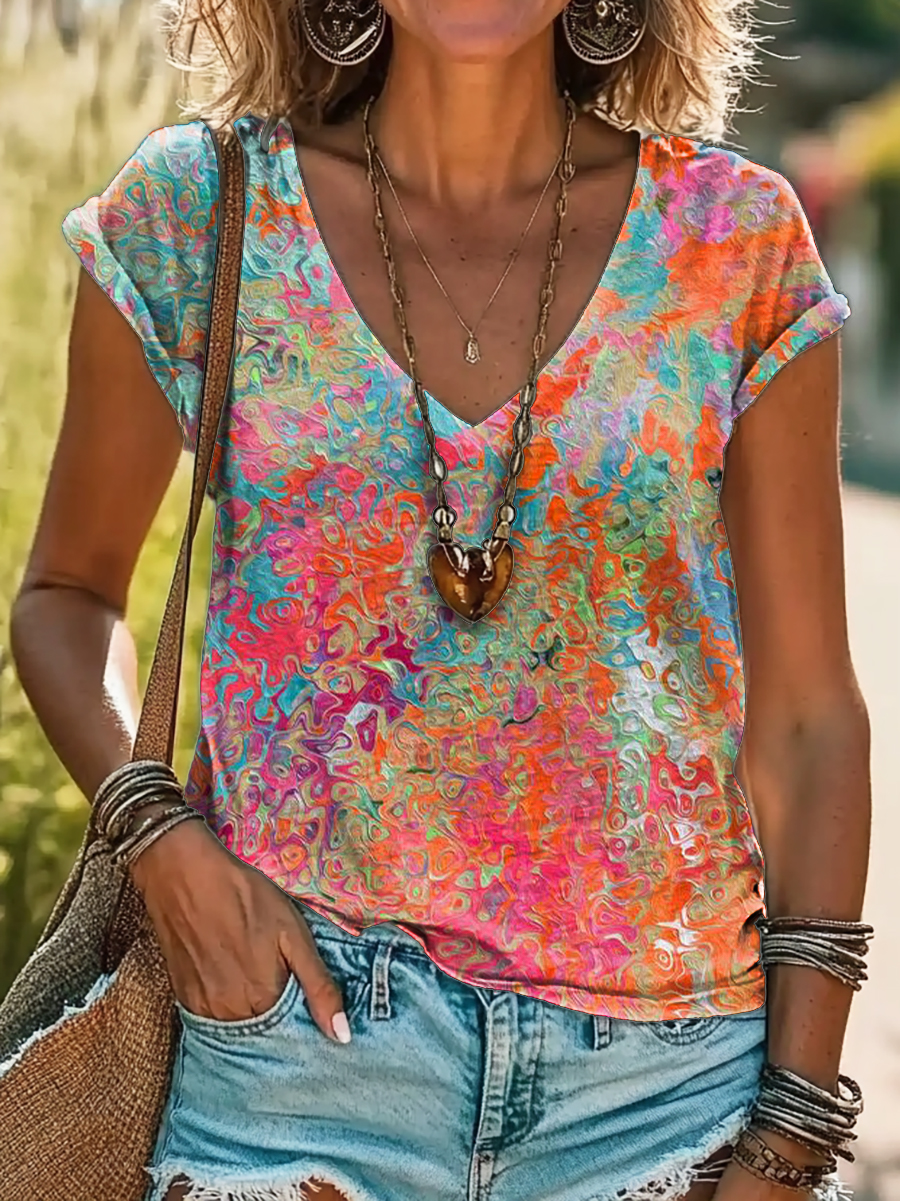 Vintage Floral Art Print 100%Cotton V-neck T-Shirt