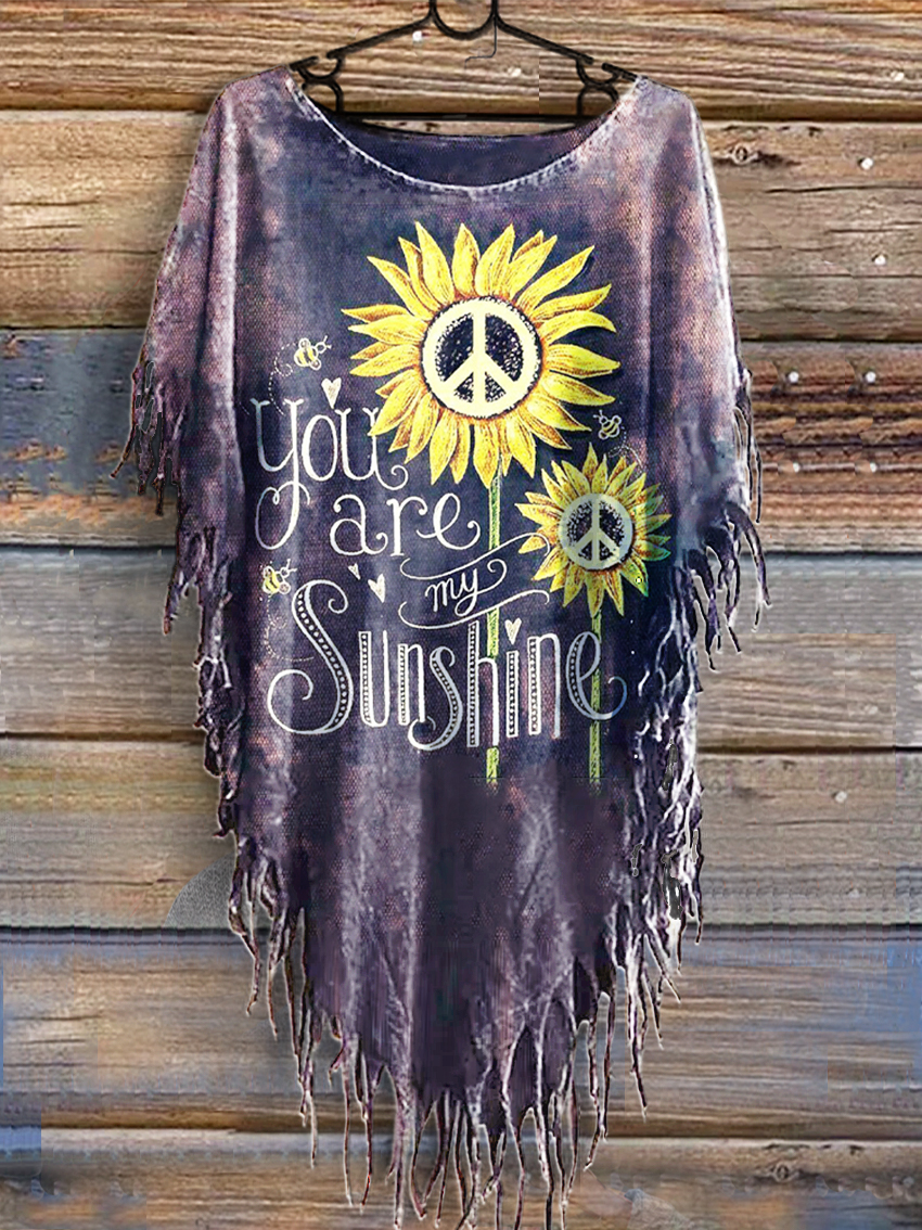 Women's Hippie Art Painting Print Hippie Batwing Tussle Fringes Poncho Dress