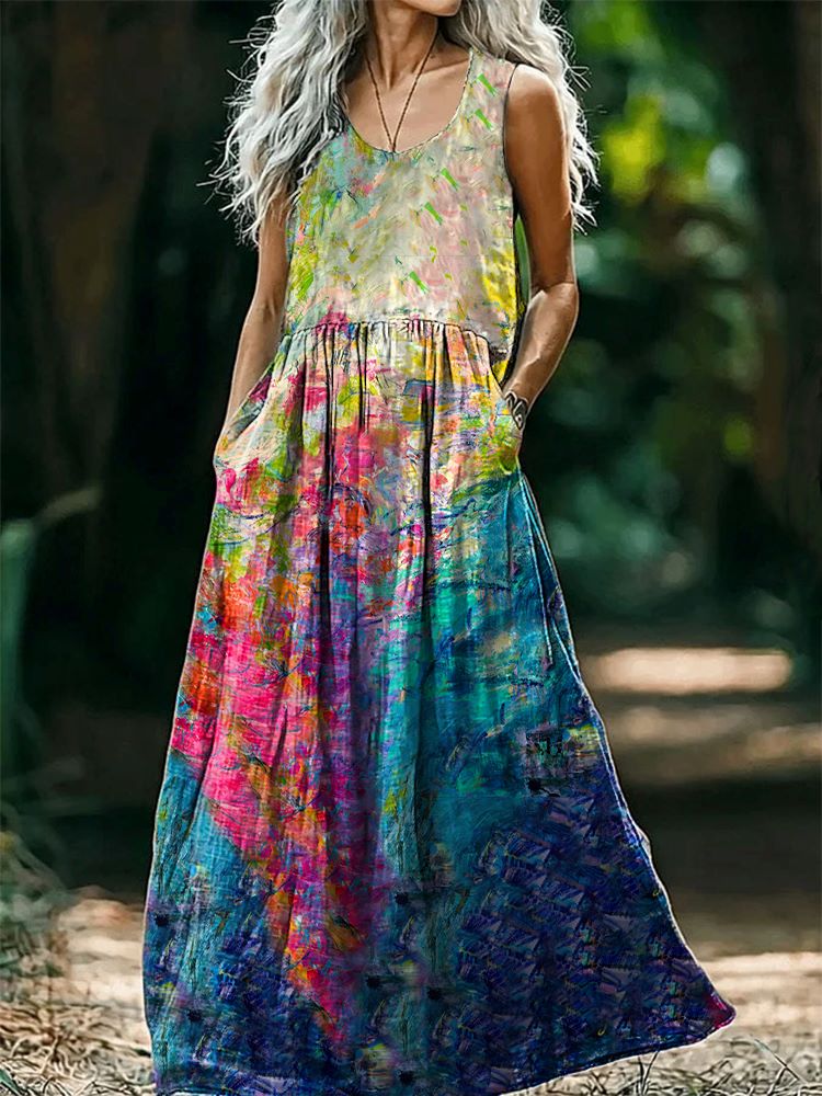 Women's Colorful Patterns Art Print Round Neck Sleeveless Cotton Pocket Dresses