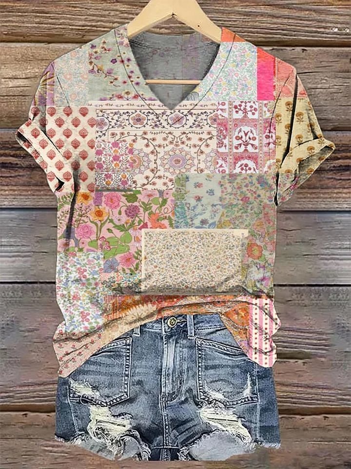 Women's Retro Flower Print V-neck Casual T-Shirt Women's Retro Flower Print V-neck Casual T-Shirt