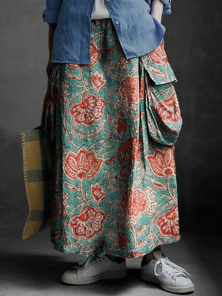 Women's Folk Art Floral Print Casual Cotton and Linen Pocket Skirt