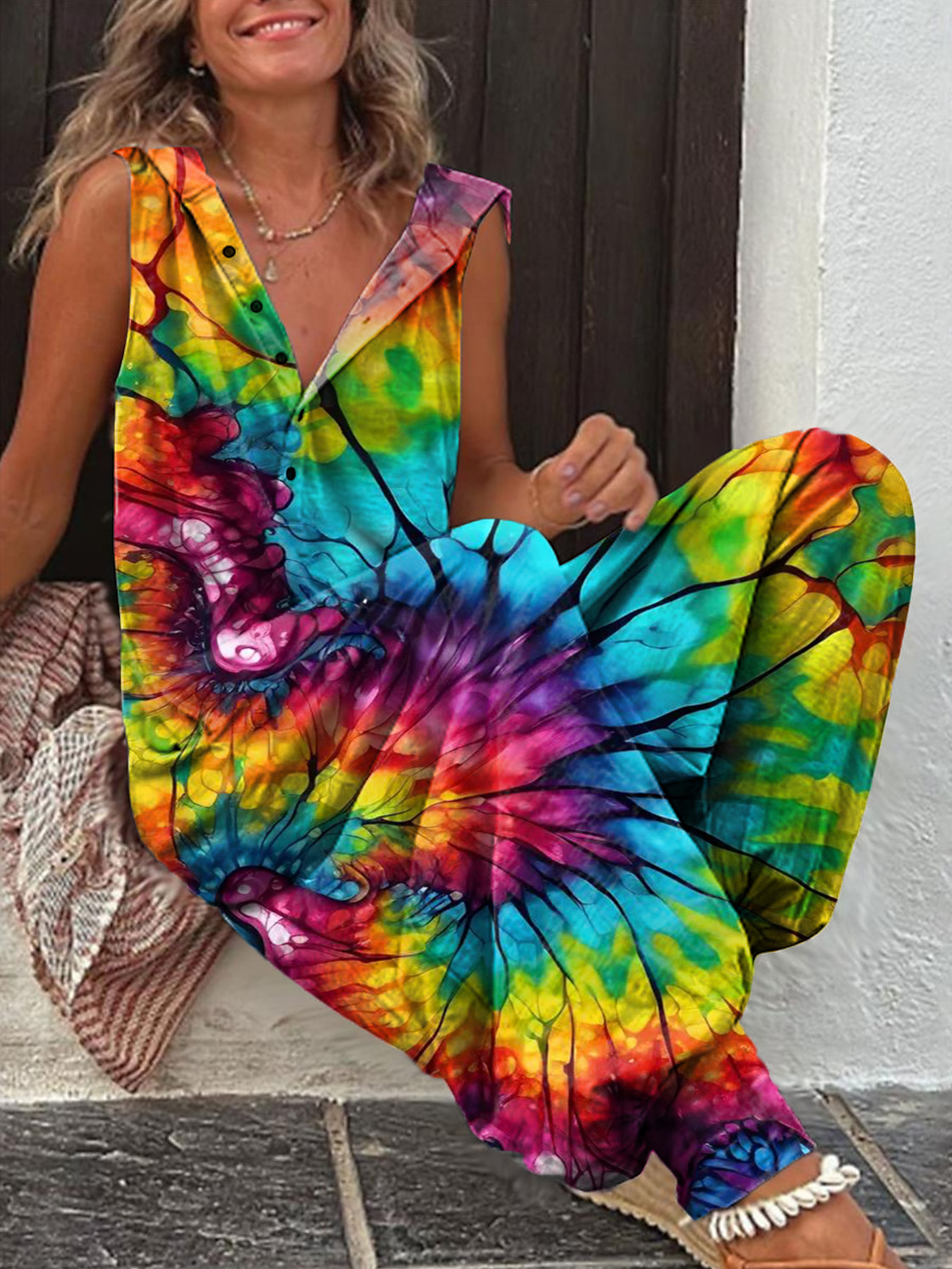 Women's colorful tie dye Print Casual 100% Cotton Wide Leg Jumpsuit
