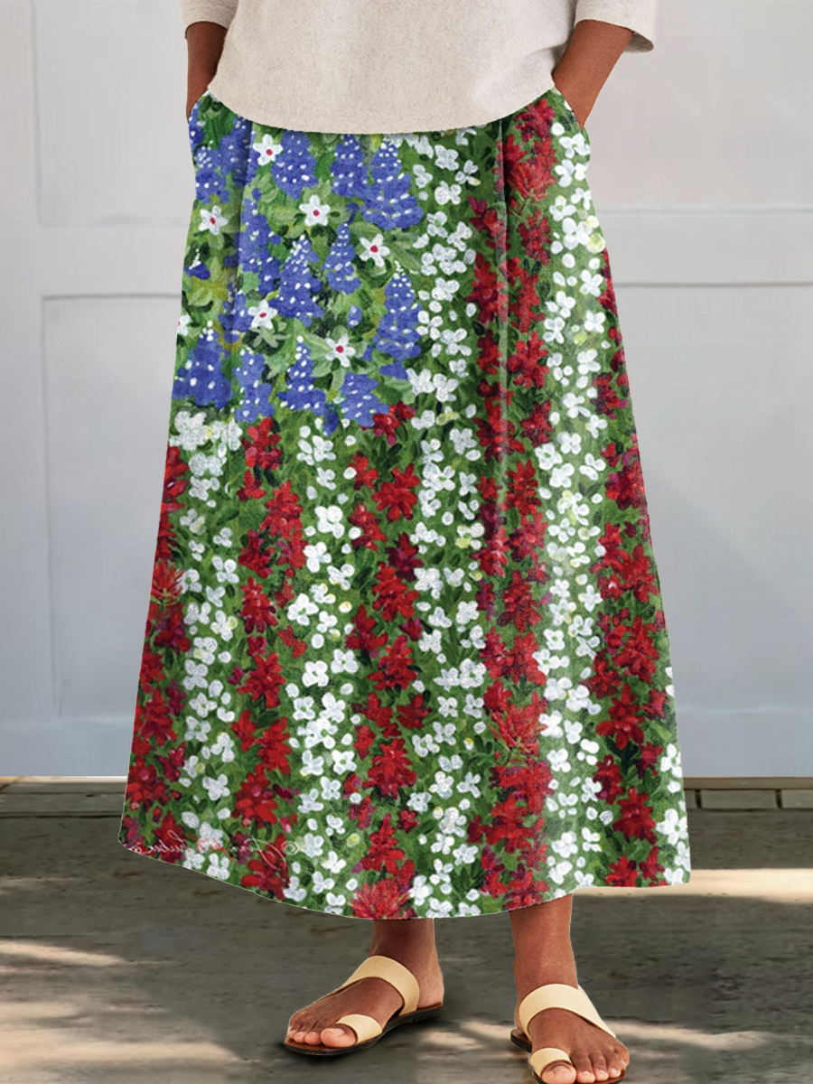 Women's Floral Flag Art Print Cotton Pocket Skirt
