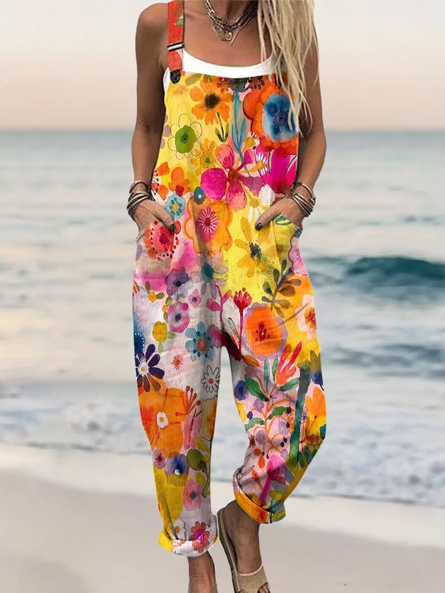 Women's Watercolor Floral Art Print Casual Cotton Pocket Jumpsuit