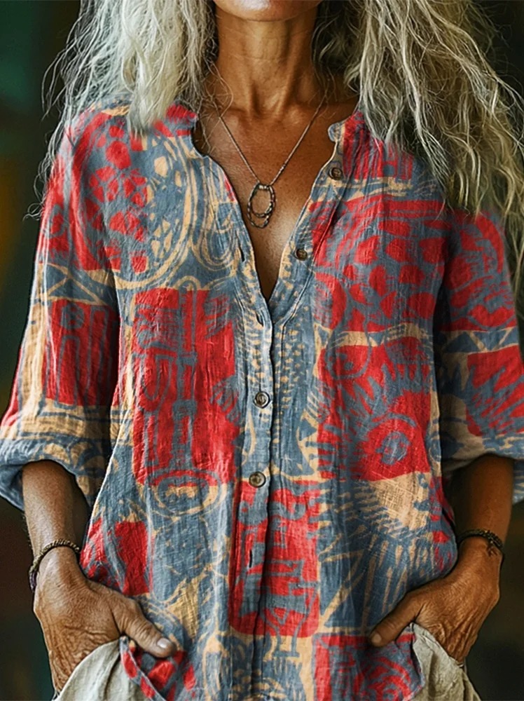 Women's Vintage Ethnic Floral Art Print Linen And Cotton V-neck Casual Shirt Women's Vintage Ethnic Floral Art Print Linen And Cotton V-neck Casual Shirt