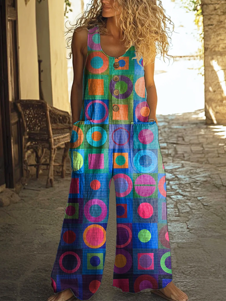 Women's Retro Abstraction Art Print Casual 100% Cotton Wide Leg Jumpsuit
