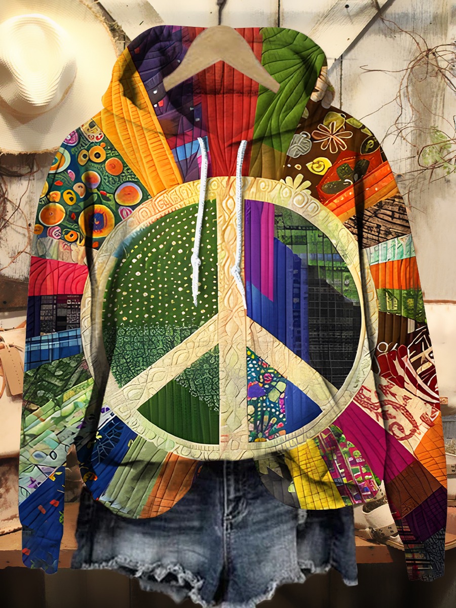 Women's Retro Peace Pattern Print Pocket Cotton Dress Women's Retro Peace Pattern Print Pocket Cotton Dress