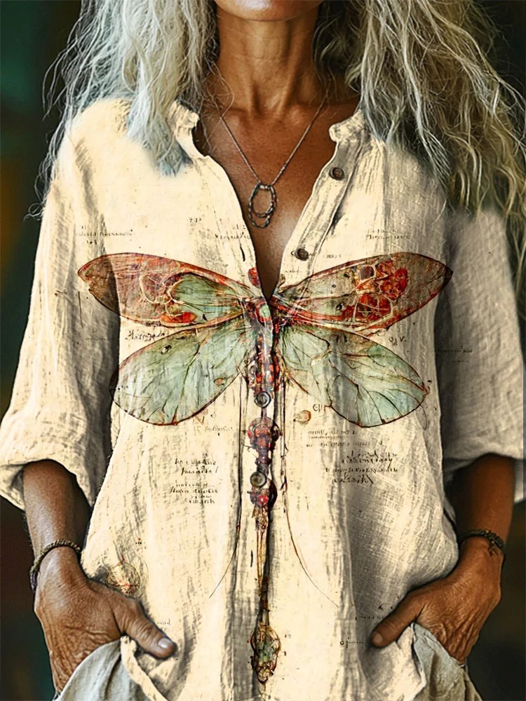Women's Dragonfly Pattern Art Print Casual Short Sleeve Comfortable Cotton Shirt Women's Dragonfly Pattern Art Print Casual Short Sleeve Comfortable Cotton Shirt