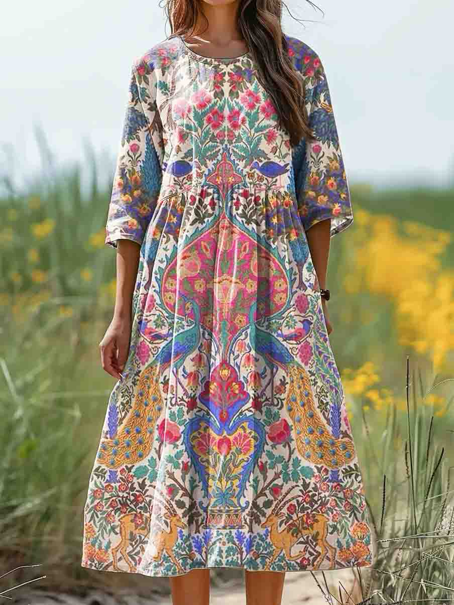 Women's Vintage Folk Floral Print Casual Crew Neck Cotton Pocket Dress