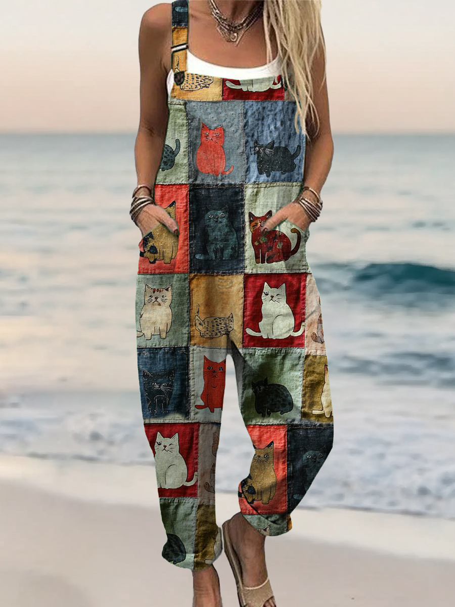 Women's Vintage Cat Patchwork Pattern Art Print Casual 100% Cotton Wide Leg Jumpsuit