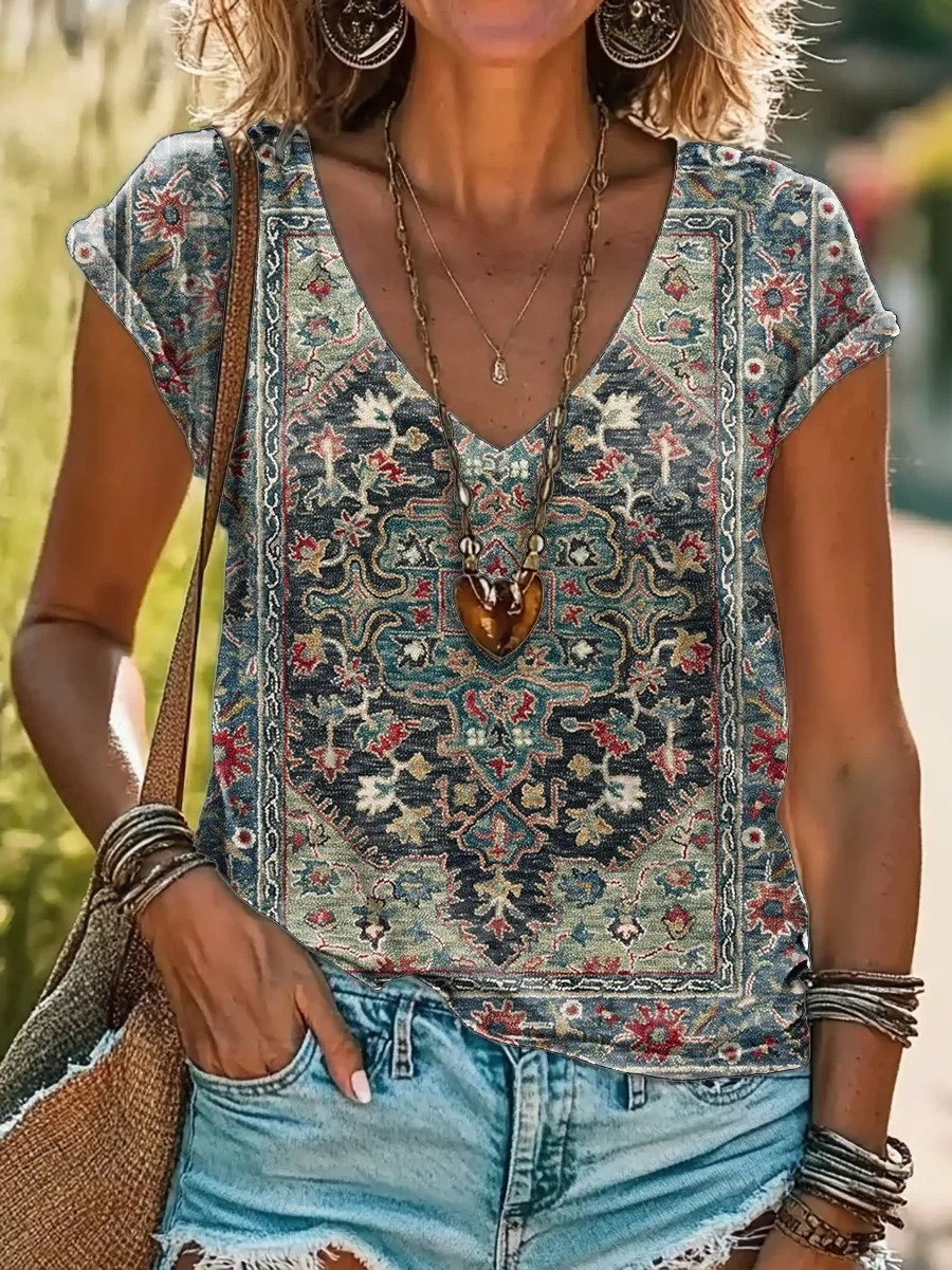 Vintage Kaleidoscope Tie Dye Print 100%Cotton V-neck T-Shirt Vintage Kaleidoscope Tie Dye Print 100%Cotton V-neck T-Shirt