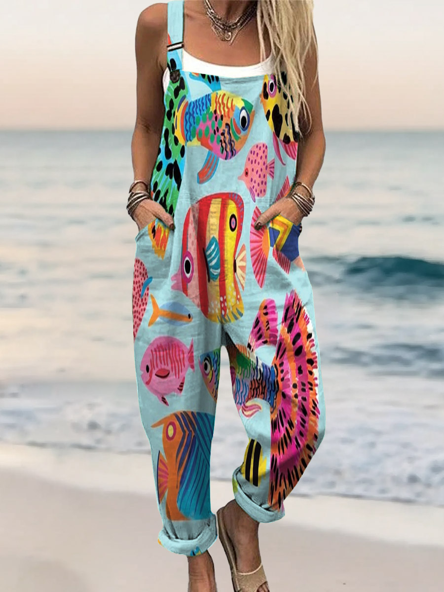 Women's Ethnic Fish Art Print Casual 100% Cotton Jumpsuit