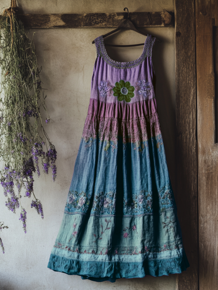 Vintage Bohemian Lavender Embroidery Patchwork Art Sleeveless Cozy Linen Maxi Dress Vintage Bohemian Lavender Embroidery Patchwork Art Sleeveless Cozy Linen Maxi Dress