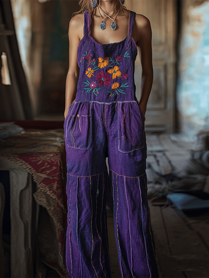 Women's Vintage Floral Embroidered Pattern Art Linen Blend Loose Casual Jumpsuit
