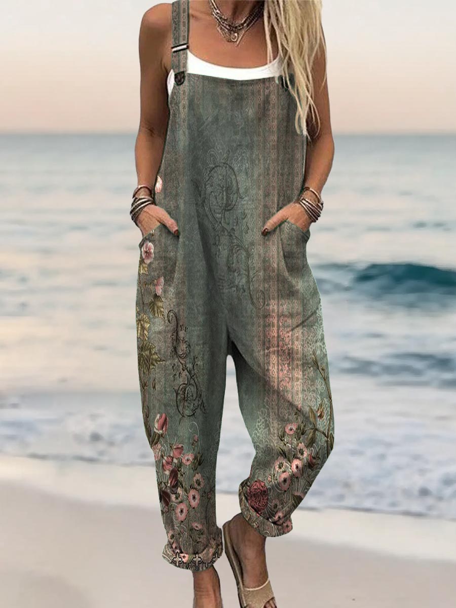 Women's Vintage Floral Art Pattern Print Casual 100% Cotton Jumpsuit