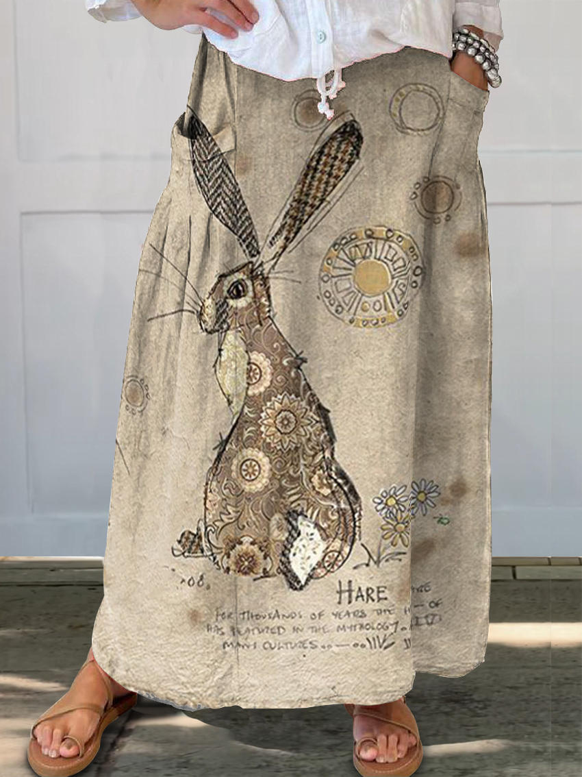 Women's Art Painting Cute Rabbit Floral Vintage Print Skirt