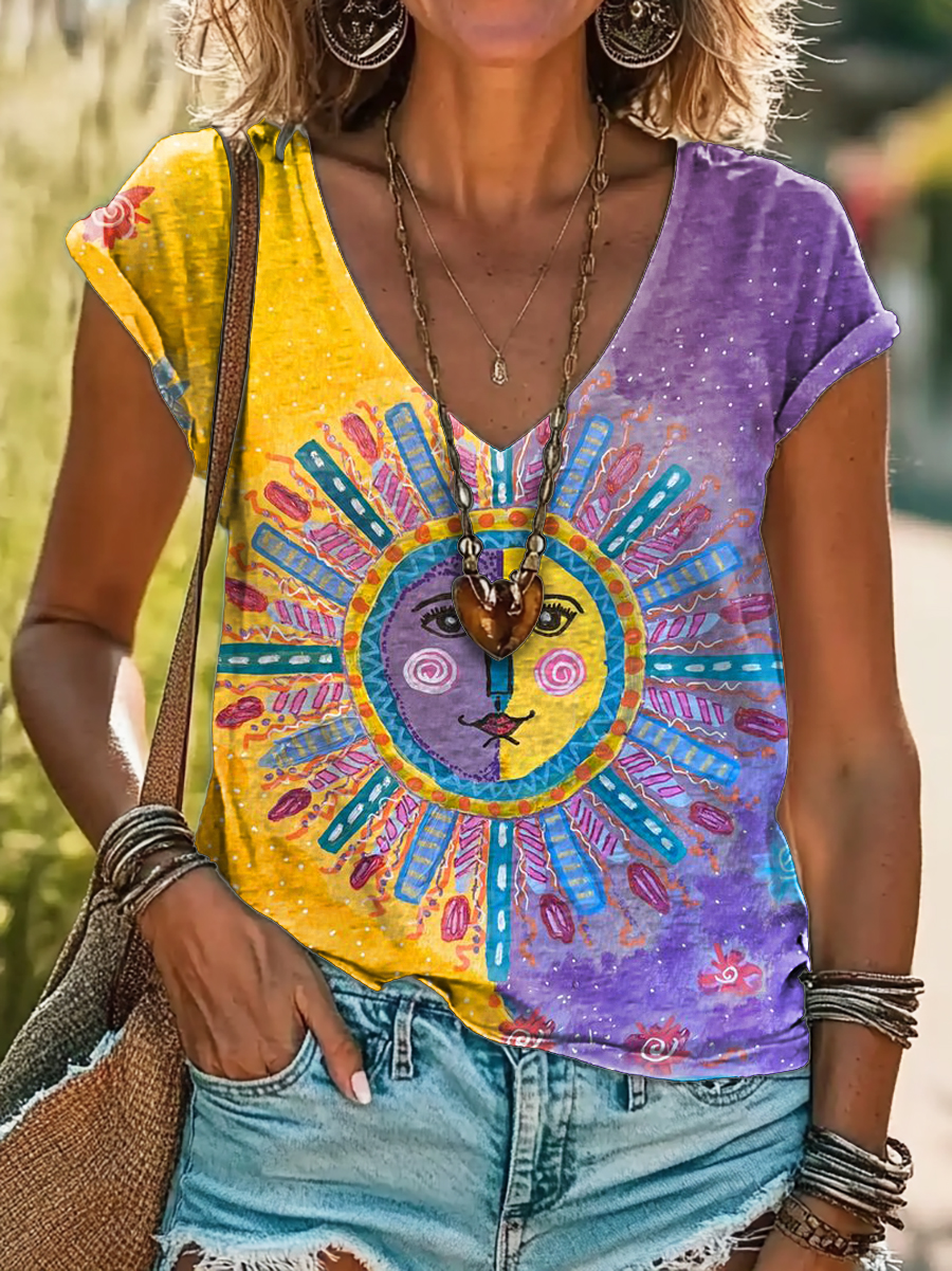 Face Sun Colorblock Art Print 100% Cotton V-Neck T-Shirt