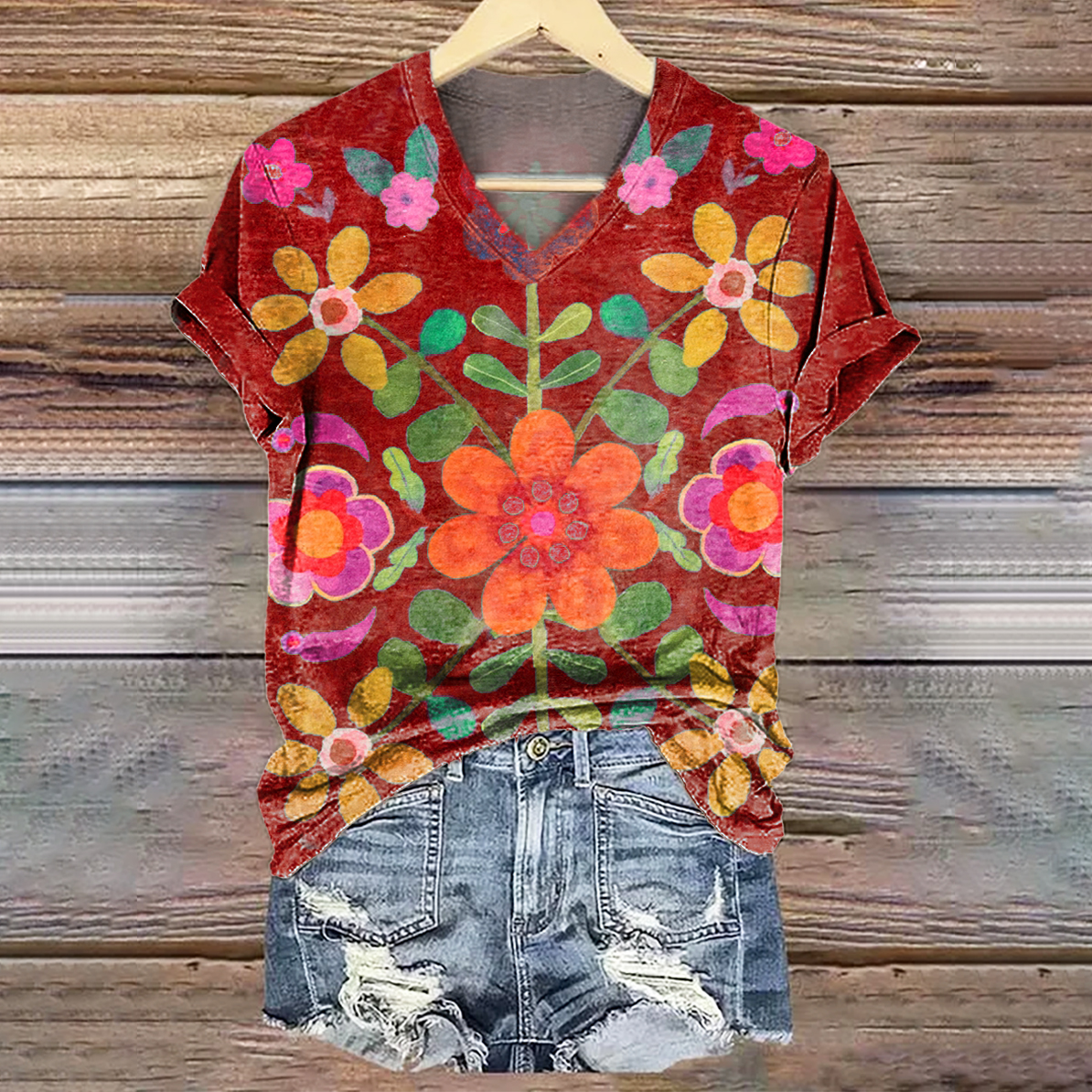 Women's Bohemian Floral Art Print V-neck Casual T-Shirt Women's Bohemian Floral Art Print V-neck Casual T-Shirt