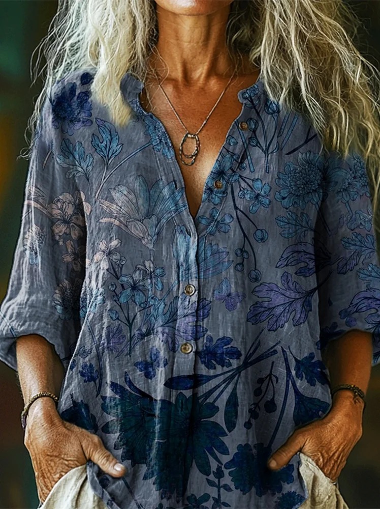 Women's Vintage Ethnic Floral Art Print Casual Cotton And Linen Shirt Women's Vintage Ethnic Floral Art Print Casual Cotton And Linen Shirt