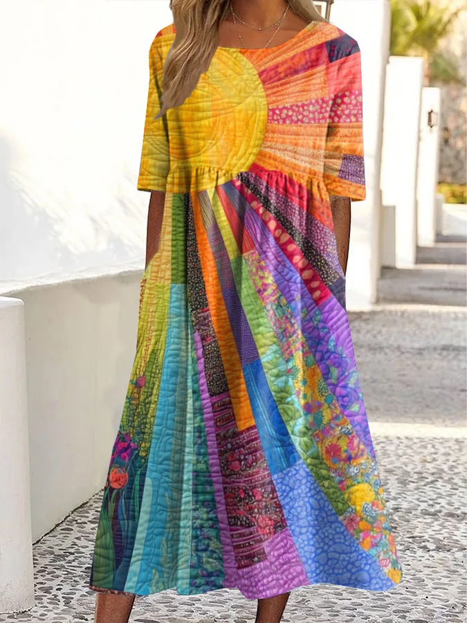 Vintage Sun Rainbow Floral Print Crew Neck Pocket Midi Dress