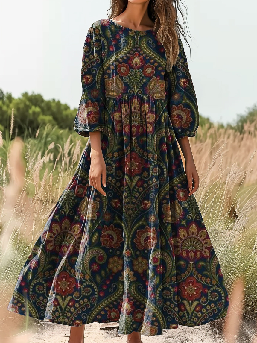 Women's Ethnic Totem Floral Art Pattern Print Pocket Cotton Dress