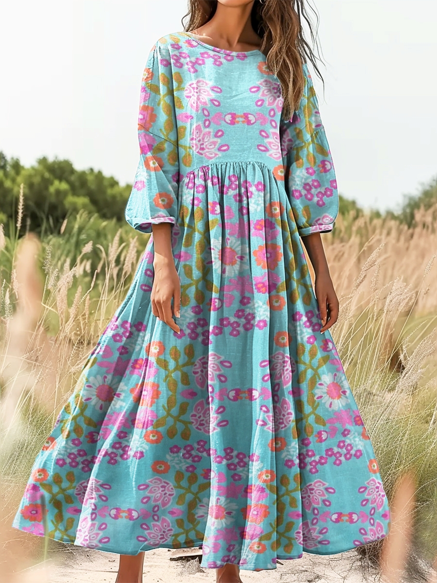 Women's Bohemian Floral Print Flowy Cotton Crew Neck Dress