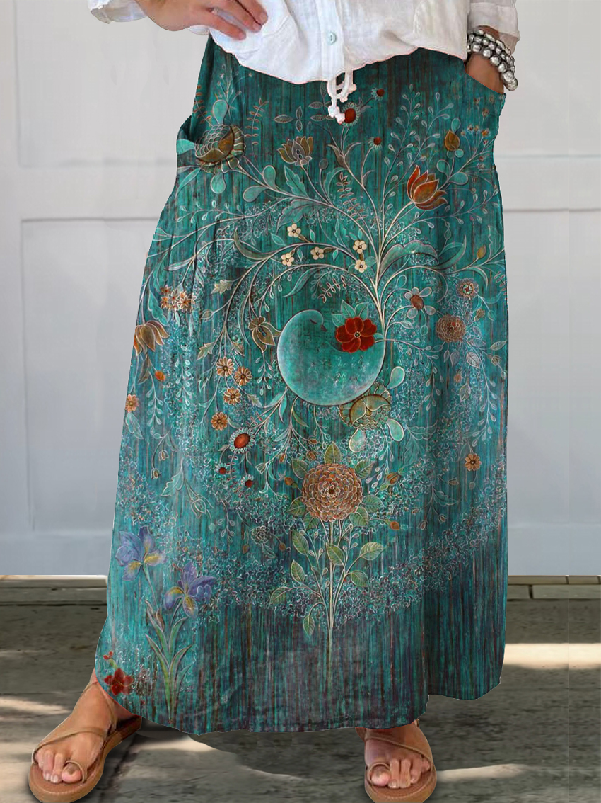 Women's Vintage Floral Art Print Linen Pocket Skirt