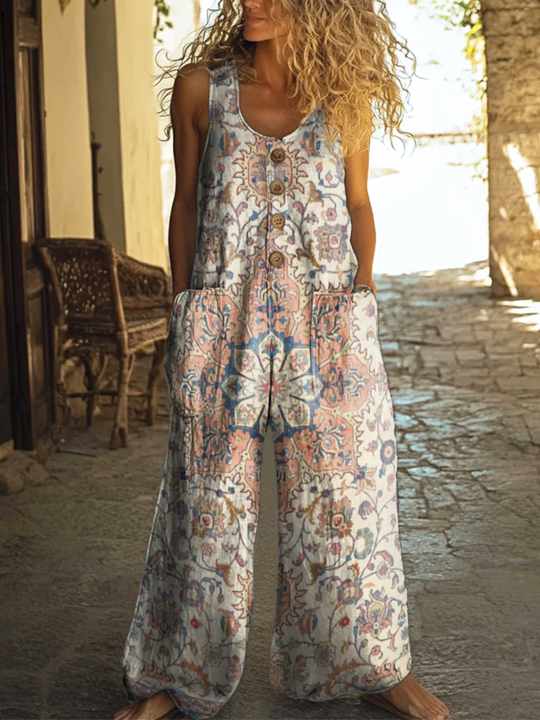 Women's Retro Bohemia Print Casual Strap Wide Leg Pants
