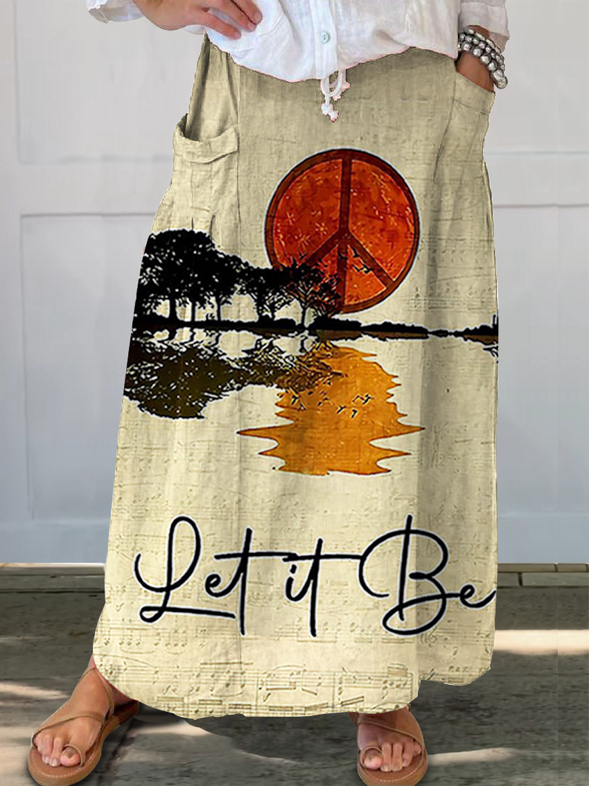 Women's Hippie Whisper Words Of Wisdom Print Linen Pocket Skirt