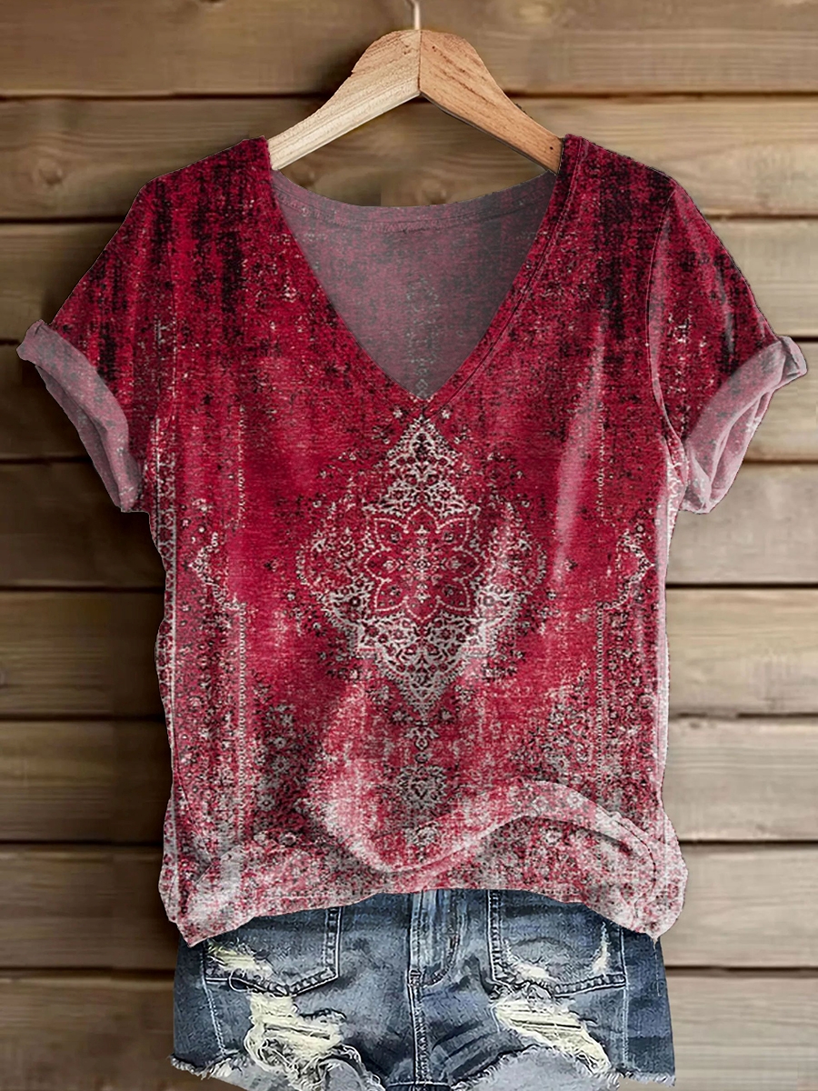 Women's Retro Ethnic Totem Print V-Neck Short Sleeve Cotton T-Shirt