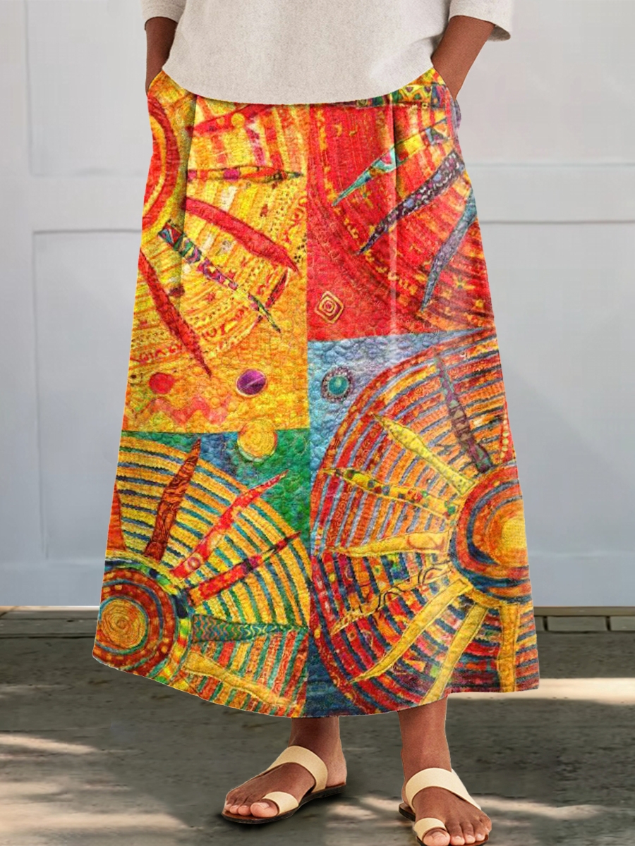 Women's Bohemian Sun Collage Art Pattern Print Cotton Pocket Skirt