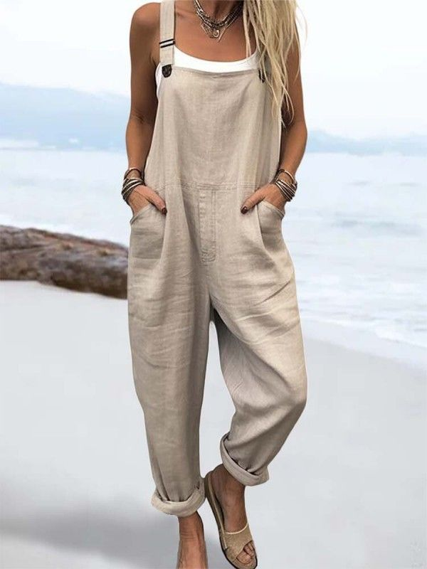 Wome's Vacation Retro Casual Cotton Linen Wide Leg Jumpsuit Wome's Vacation Retro Casual Cotton Linen Wide Leg Jumpsuit