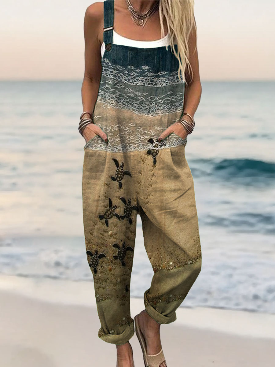 Women's Vintage Turtle Art Print Casual 100% Cotton Jumpsuit
