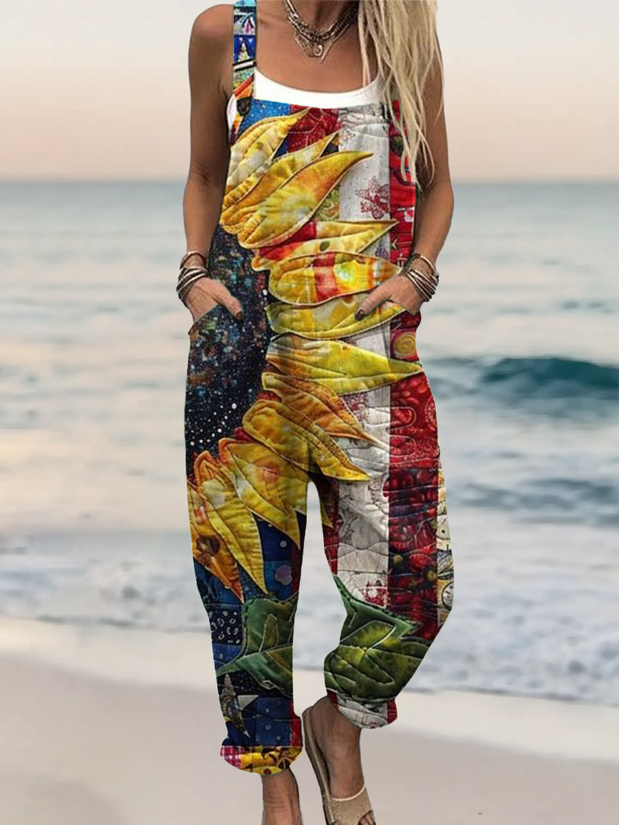 Women's Colorful Daisy Art Print Casual 100% Cotton Wide Leg Jumpsuit Women's Colorful Daisy Art Print Casual 100% Cotton Wide Leg Jumpsuit