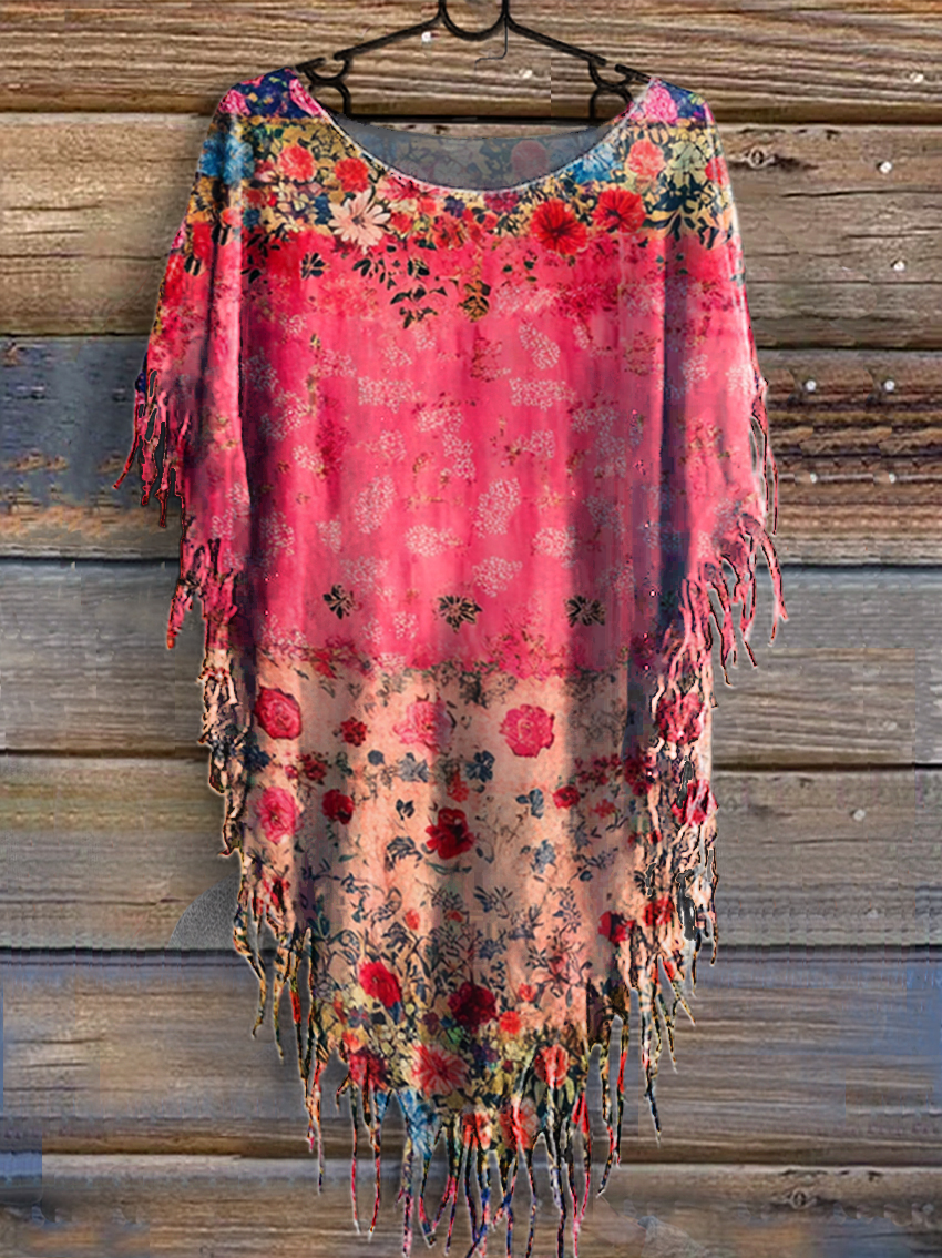 Women's Floral Pattern Art Print Punk Hippie Batwing Pleated Fringe Cape Dresses