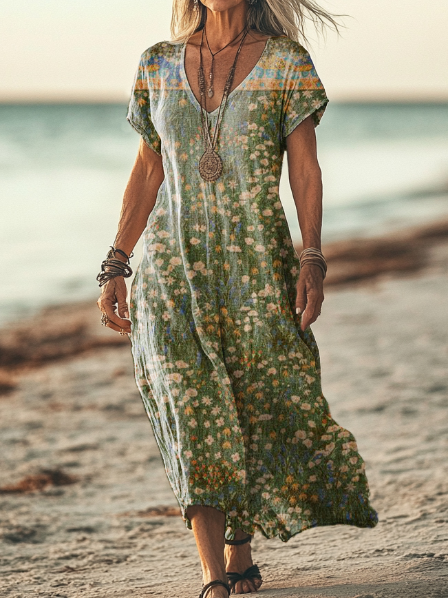 Women's Vintage Floral Art Print Pocket Cotton Dress