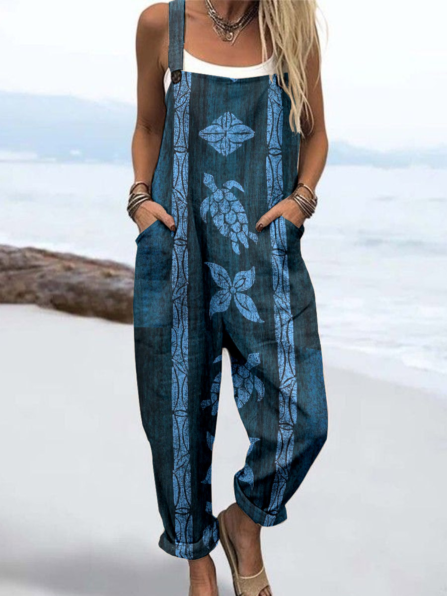 Wome'S Retro Turtle Pattern Print Casual Cotton Wide Leg Jumpsuit Wome'S Retro Turtle Pattern Print Casual Cotton Wide Leg Jumpsuit