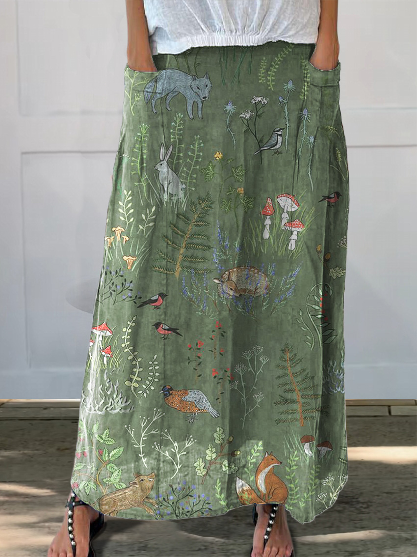 Woodland And Animals Pattern Printed Women's Linen Pocket Skirt Woodland And Animals Pattern Printed Women's Linen Pocket Skirt
