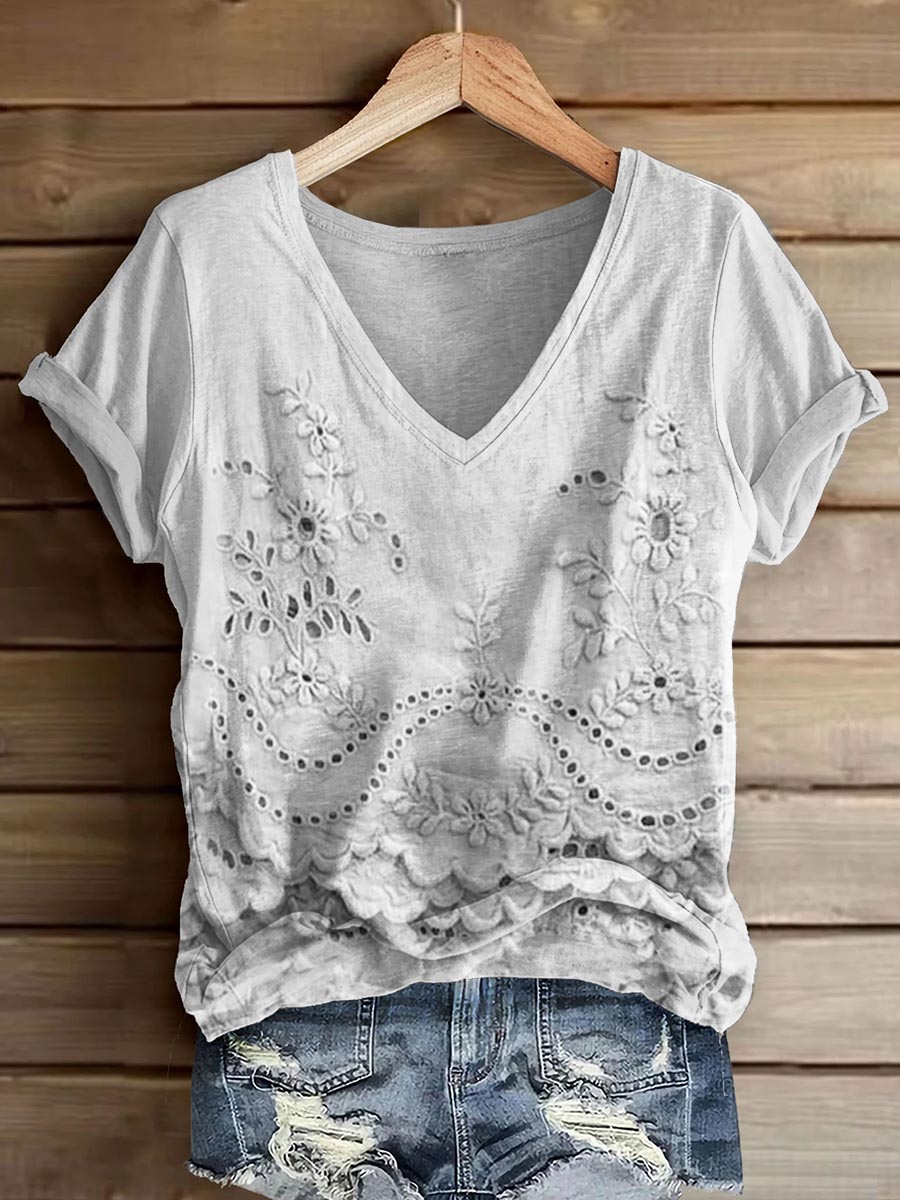 Women's Vintage Floral Texture Art Print V-neck Casual T-Shirt Women's Vintage Floral Texture Art Print V-neck Casual T-Shirt